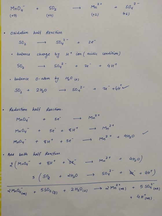 MnOu & SO2 - Mat (+2) & sou? (46) (+4) • half oxidation SO2 Reaction Sou? - + ze balance charge by H+ ion (acidic condition)