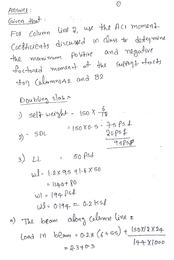 Answer: Given that For Column line 2, use the Aco moment Coefficients discussed in class to determine the manimum positive an