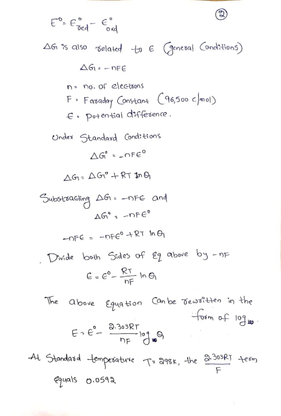 E = Esed - E xd AG 95 also Gelated to € (general Conditions) AGE - OFE na no. of electrons F: Faraday Constant (96,500 c/mol)