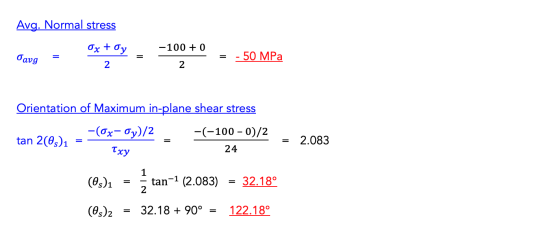 Avg. Normal stress σανg Pava - -100 + 0 = Oxfoy - -100 +0 - = - 50 MPa Orientation of Maximum in-plane shear stress tan 260.)