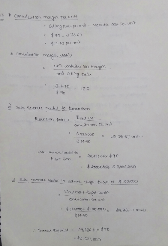 1. Contuibution margin pee unit Variable cost per unit - Selling Price peecanit - = $90 - $75.60 & $14.40 per unit * contuibu