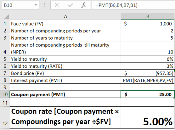 fx =PMT(B6,B4,B7,B1) B10 A 1 Face value (FV) 2 Number of compounding periods per year 3 Number of years to maturity Number of