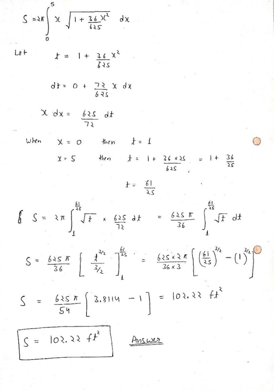 5 S =25 30 1+ 36 (² 3600 da 625 Lot 36x² 625 dt = 0+ 72 x dx 625 Xdx 625 dt 73 When then t=1 Y = 5 then tu + - 1 + 36 x 35 62