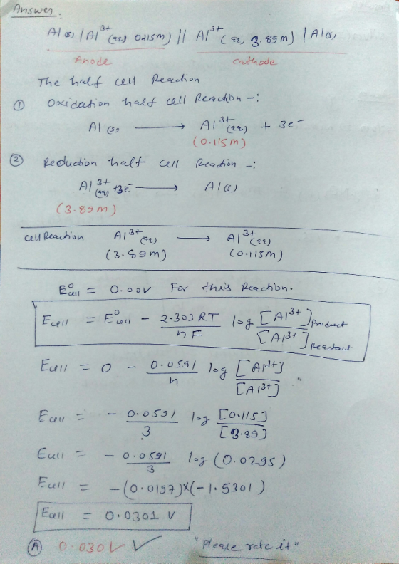 Answer. I Als (Alt and dism) || Art (a, g. 85 m) | Aless Anode cathode The half cell Reaction • Oxidation half cell Reaction