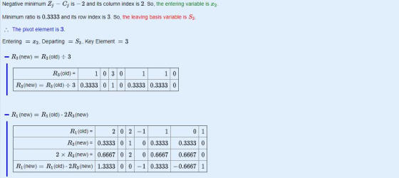 Negative minimum 2 - Cis -2 and its column index is 2. So, the entering variable is c.. Minimum ratio is 0.3333 and its row i