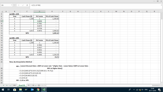 ... X DS : fx =1/(1.15188) A C D E F G H I J K L M N O P Q R B Let IRR = 15% Year 0 1 PV of Cash Flows Cash Flows($) -1,399|