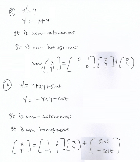 y=xty It is non- autonomous It is non- homogeneous run ro175 Now ① x= x+ 24 + sint y= xty-cost It is non-autohomous It is n