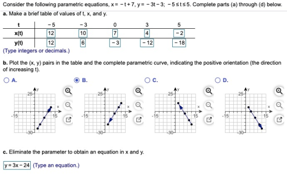 Consider the following parametric equations, x = -t+7, y = - 3t-3; -5 sts5. Complete parts (a) through (d) below. a. Make a b