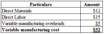 Particulars
Direct Materials
Direct Labor
Variable manufacturing overheads
Variable manufacturing cost
Amount
$12
$15
$32