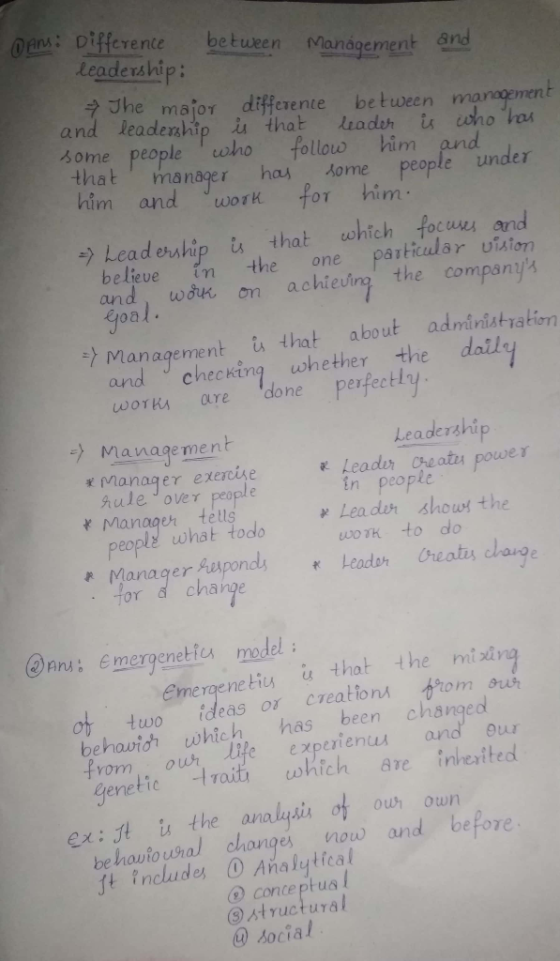 Ans: Difference between Management and leadership: + The major differente between mancoment and leadership is that leader is