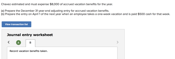 Chavez estimated and must expense $8,000 of accrued vacation benefits for the year. (a) Prepare the December 31 year-end adju