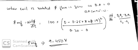 when coil is rotated & flux is z eno as B. A BA Cor90-0. - dd BABA Emf = Ndlo = 1oox /o-0.25x2x619)2 at 0 It 6.300 CS Scann