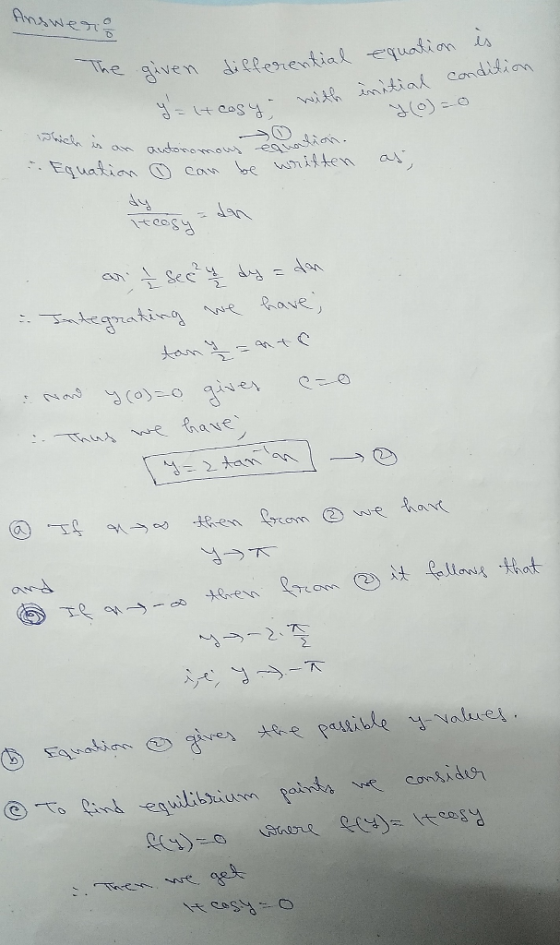 Answerin equation es The given differential condition with initial I= t cosy Which is an * Equation autonomous 0 can be sromo