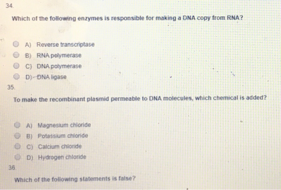 34 Which of the following enzymes is responsible for making a DNA copy from RNA? O A) Reverse transcriptase B) RNA polymerase