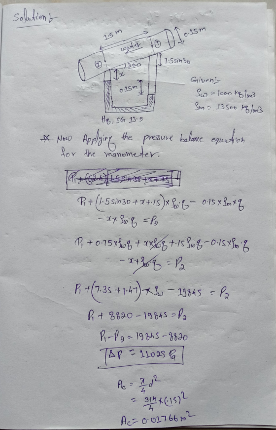 solutions 1.5m 0.15m water 1:58in 30 13010 Tix 015m Givens Sw = 1000 78 lm Ima 13500 kg/m3 HQ, SG 13.5 & Now Applying the pr