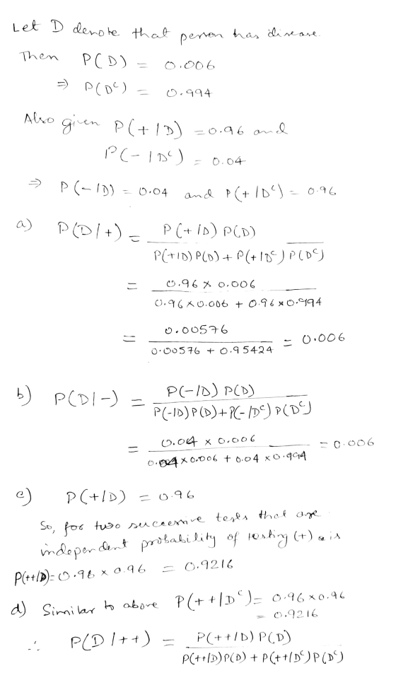 Let D denote that person has dire are P (D) P(OC) Then 0.006 --- 0.994 Also -0.96 and given P(+1D) P(-10) 0.04 P(-10) 0.04 an