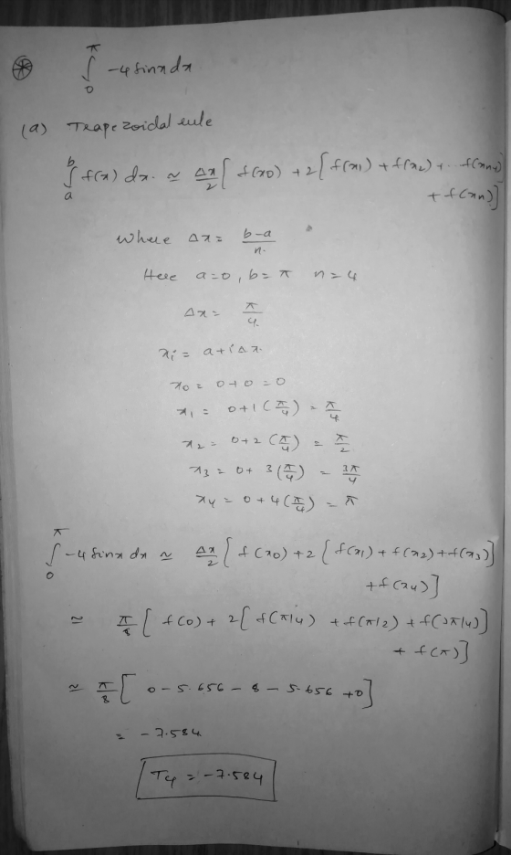 ✓ -4 finnda 1 (a) Teape zoidal eule If fra) dx. a f(ao) +2 +2{frou +flac) t. of (any) + fcan) a where ۔ ا Heee a=o, bet n-4 -
