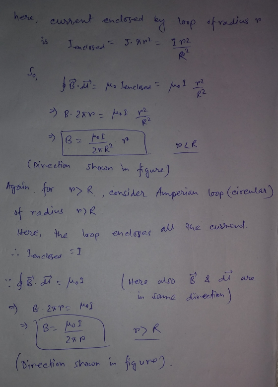 here, current enclosed p 2 by loup of radius Jeneloped - J. Ap2 = 192 R So, Bit Mo Senetised p2 Mol R? > B. 2ar - Mol 2 R? Ba
