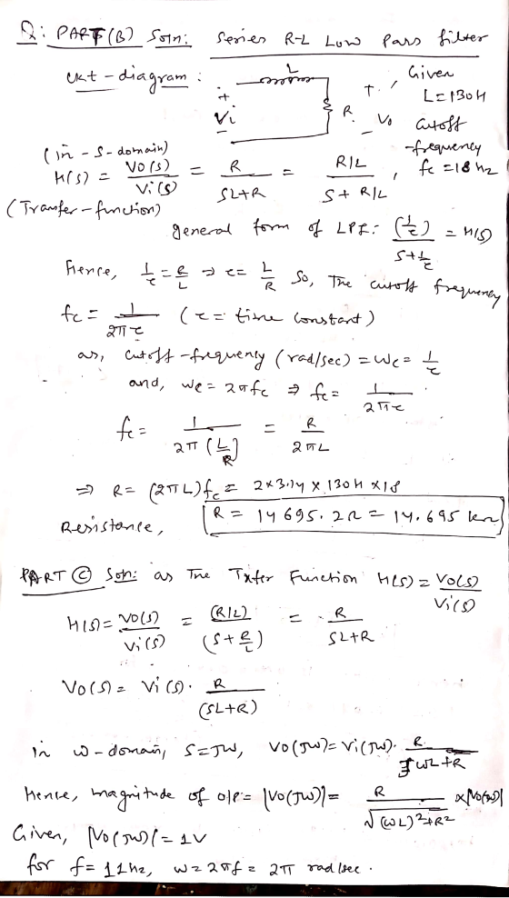 pars filter L momont / Ti R こ SLIR STRIL - MIS Qi PART (B) soni series R-2 Low ekt-diagram Given L=1304 vi vo Cross -frequene