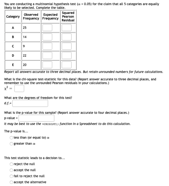 You are conducting a multinomial hypothesis test (a = 0.05) for the claim that all 5 categories are equally likely to be sele