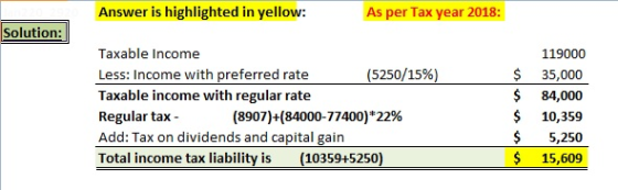 Answer is highlighted in yellow: As per Tax year 2018: Solution: Taxable income Less: Income with preferred rate (5250/15%) T