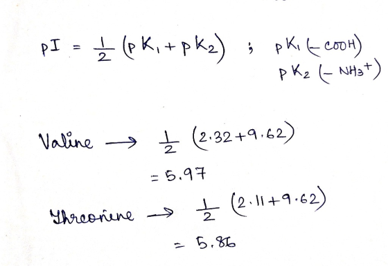 PI = (pk + pk 2) 1 pki (coot) pkz (- Nhat) Valine Ł (2:32 +9.62) -5.97 : Threoniene -> + (2.1179.62) - 5.86