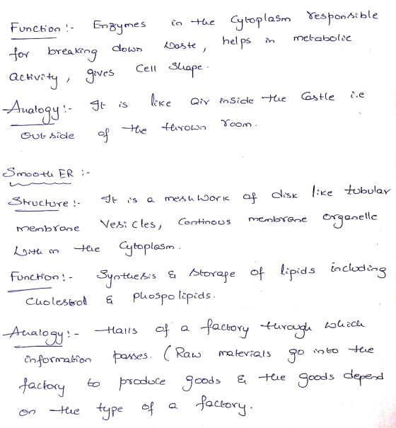 Function - Engymes in the Cyloplasm responsible for breaking down boste, helps in metabolic activity, gives Cell Shape . Anal