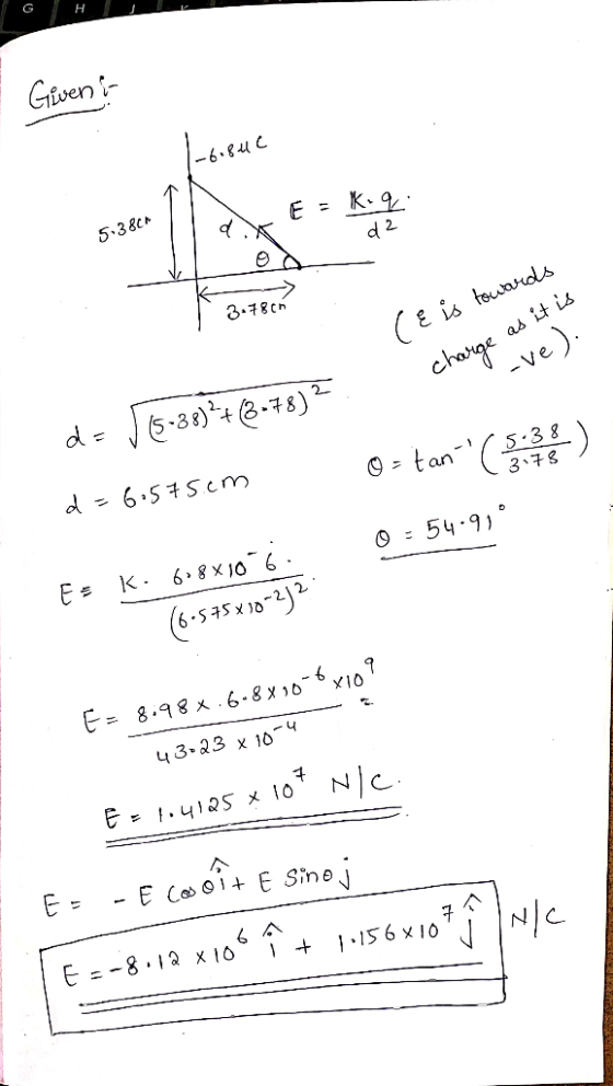 H ~60842 E = K.q 5.38cm d 2 3.780 E is towards charge as it is che Ive). B de 15-28)+(378) 2 5.38 (3.78 O = tan- d=6.575.im 0