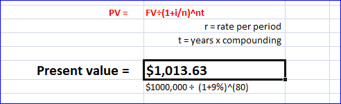 (1+i/n)Ant PV: FV r rate per period Present value1,013.63 $1000,000 (1+9%)^(80)