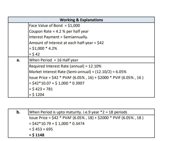 Working & Explanations Face Value of Bond = $1,000 Coupon Rate = 4.2% per half year Interest Payment = Semiannually. Amount o