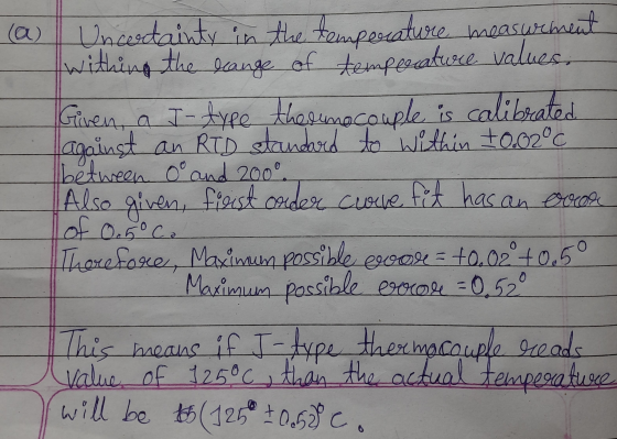 @ Uncertainty in the temperature measurement withing the deange of temperature values. Given, a I-type thermocouple is calibr