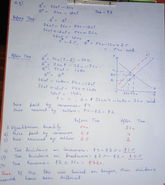 A-7) Before Tax: Q = 3601 - 360 Tax = 12 Q = 840 - 120P. Q = a. 360p - 360= 840-120p. 3601+12op= 84ot 360 480p = 1200 p - 2.5