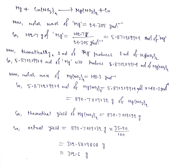 Mg & Cul Nog) - Mg(NO3) teu Now, molah mass of Mg = 24.305 gomot So, 14207 g of rg= 142.78 = 5*871219914 Pool of my 24.30