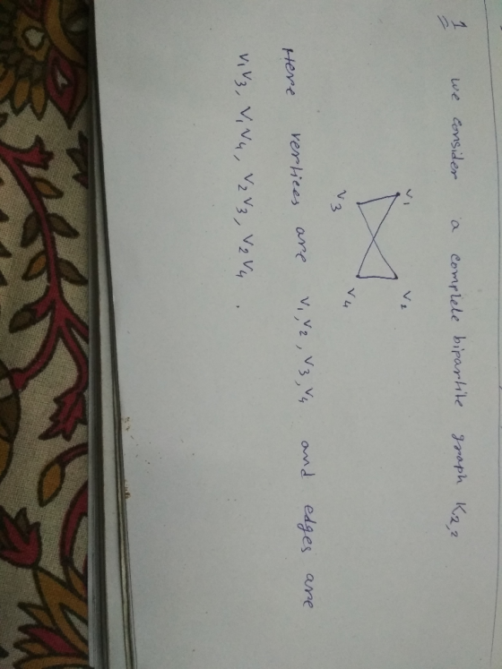 1 we consider à complete bipartite graph K22 13 Here vertices are V,,V2, 3, and edges are V, V3, V. Nu, V2 V3, V2 V4.