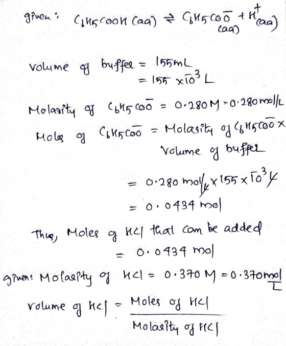 5 Coo caa) aruenCCoon Caa) a) volume buffe 155mL 55x10 L 0.280M-0.280mol/ Molanity 5 o0 Molasit 1 5coox Volume bufRL Molg O.2
