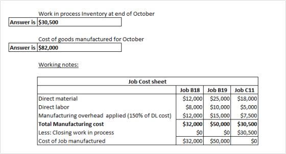 Work in process Inventory at end of October Answer is $30,500 Cost of goods manufactured for October Answer is $82,000 Workin