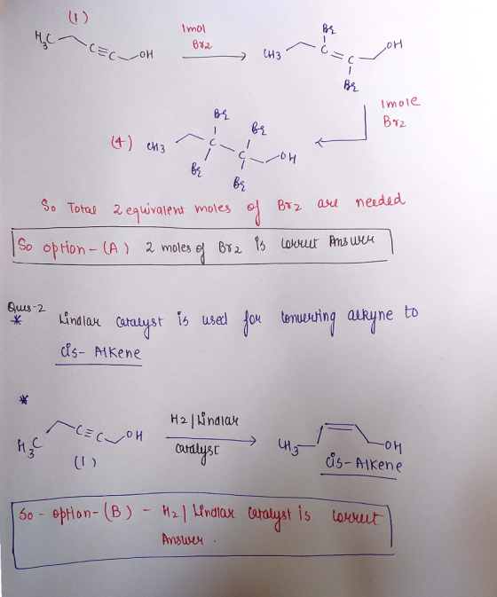 HCcOH Econ noso Imol Bra con 애 CH3 Imole ? Brz Bę n (4) M3 - i ont Br Total 2 equivalent moles of Bra are So needed So option