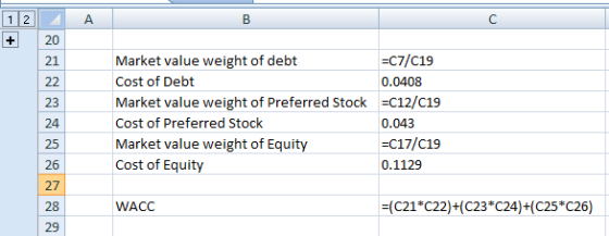 1 2 A B 20 C7/C19 Market value weight of debt 21 Cost of Debt 22 0.0408 C12/C19 Market value weight of Preferred Stock 23 Cos
