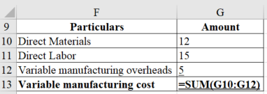 Particulars
Amount
10 Direct Materials
11 Direct Labor
15
12 Variable manufacturing overheads
13 Variable manufacturing cost