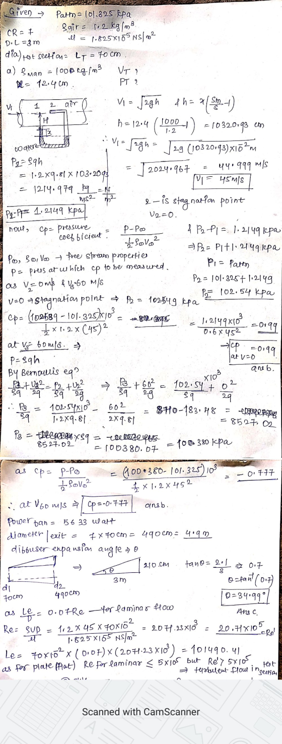 Given all a) sman VT? Vi 1 2 air 1 ) Vi = Jagna wateret 2 - Path = 101.825 kea Sair: 2 kg CR = 7 D.L=8m 7-825X105 Ns/m2 dia)
