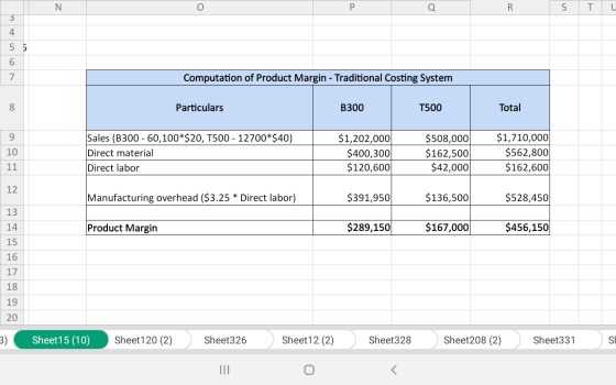 N P S T 3 4 5 5 6 7 Computation of Product Margin - Traditional Costing System Total Particulars ВЗ00 T500 $1,710,000 $562,80