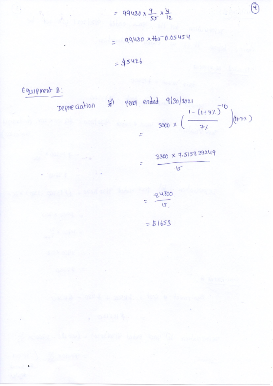 • qa430 , Sy 49480 x+63-0.05454 = $5426 Equipment Bi Depreciation to? yecon ended 9/30/2021 1- (1+77) 17 3300 X 7 3300 X 7.51