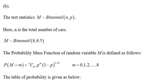 (b). The test statistics M - Binomial(n,p). Here, n is the total number of cars. M - Binomail(8,0.5) The Probability Mass Fun