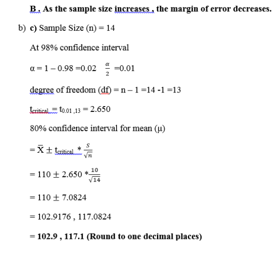 B. As the sample size increases, the margin of error decreases. b) c) Sample Size (n) = 14 At 98% confidence interval a=1-0.9