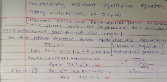 considering moment equiliborum equatron Along x-directron, ie Mx=0 Moment acurs due perpendicular forces so consides the forc