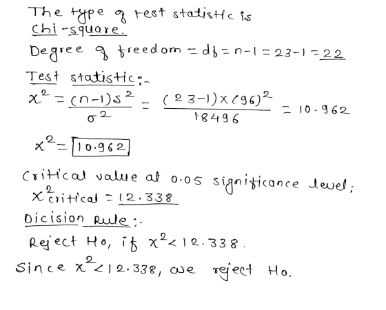 The type of test statistic is Chi-square. Degree f freedom = df = n-1 = 23-1 = 22 Test statistic X? = (n-1)s ( 23-1)(96)2 2 -