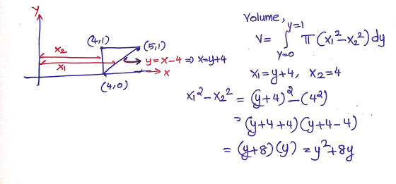 Volume, y=1 V= (411) X2 (5,0) y=X-4 =) X=4+4 X Y=0 Xi *i=4+4, X2=4 (4,0) xi2_X₂² Y+4)*(42) *4+4+4)(4+4-4) : (4+8) (9) 29²784