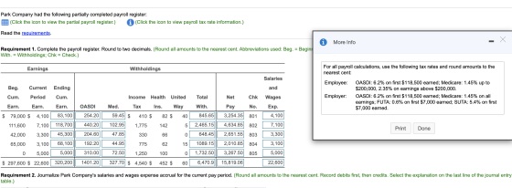 Park Company had the following partially completed payroll register: (Click the icon to view the partial payroll register.) (