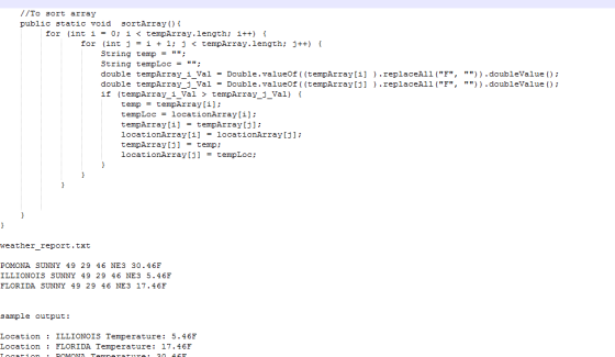 //To sort array public static void sortArray) i for (int į = 0; ǐ < tempArray. length; 1++) { for (int j = 1 + 1; j < tempArr