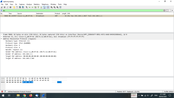 - 0 capture.pcapng File Edit View Go Capture Analyze Statistics Telephony Wireless Tools Help LOL XQ ST IQI arp No. Time Sour